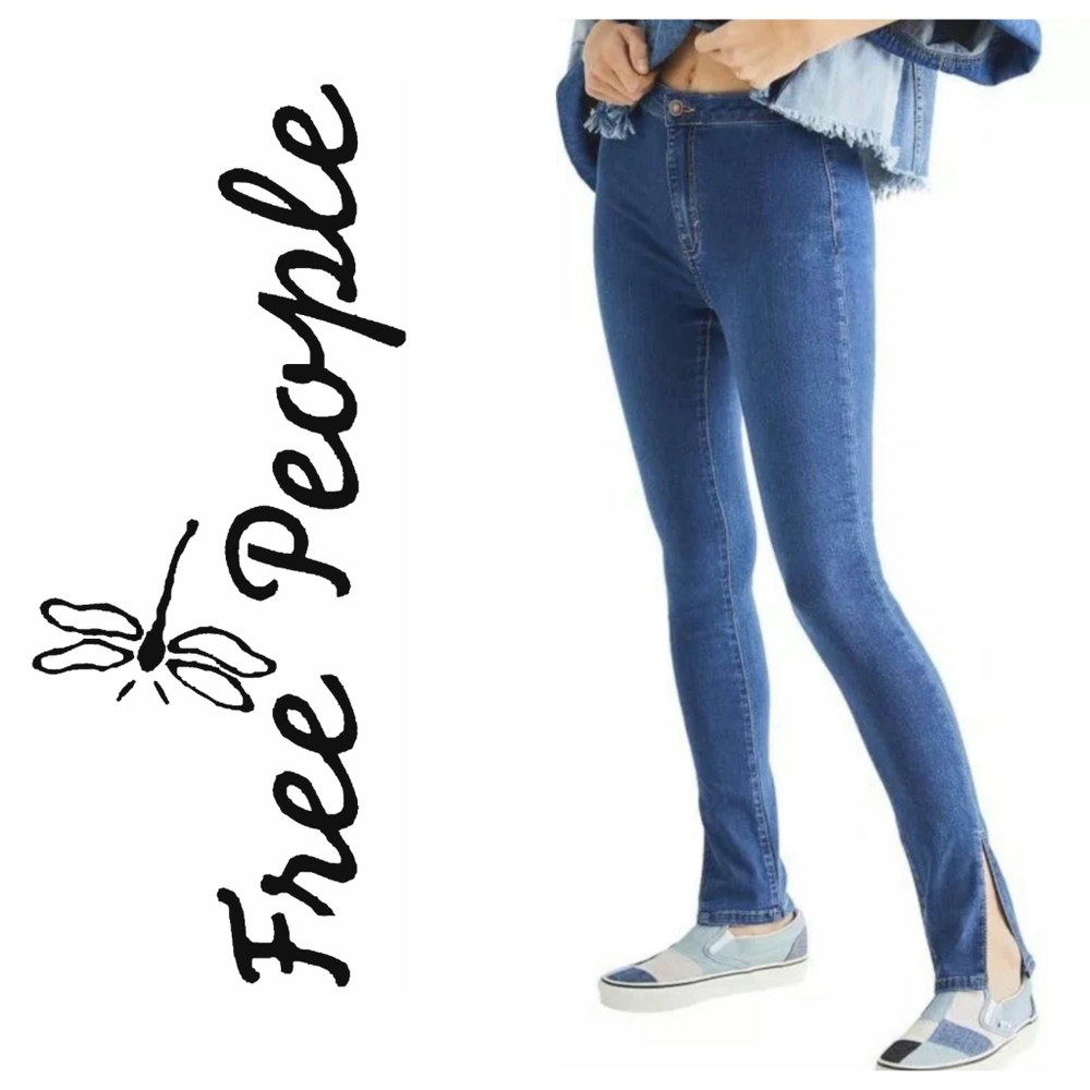 NEW Free People Riley Side Slit Skinny Jeans Nightshade Blue Size 26